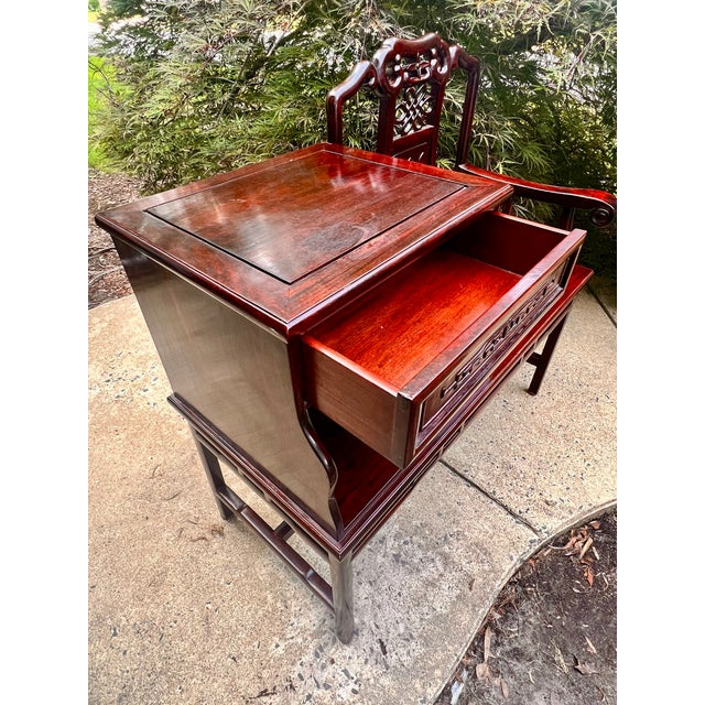 Vintage Asian Chinoiserie Hand Carved Telephone Gossip Rosewood Table Bench For Sale - Image 6 of 8