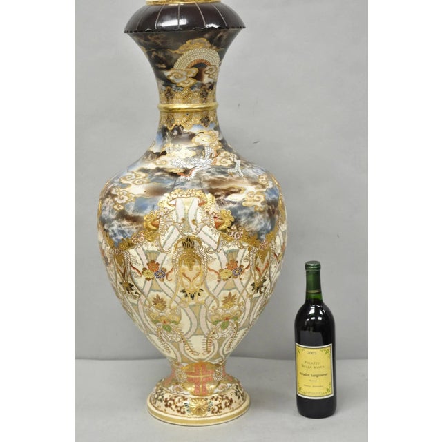 Vintage 30" Japanese Royal Satsuma Hand Painted Porcelain Oriental Dragon Vase For Sale In Philadelphia - Image 6 of 17