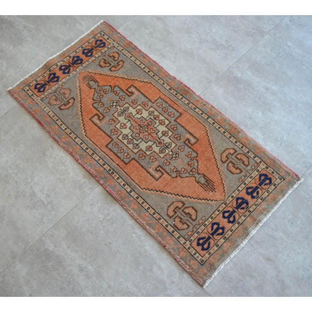 Small Rug Hand Knotted Distressed Oushak Rug Yastik - 21'' X 41'' For Sale - Image 4 of 5