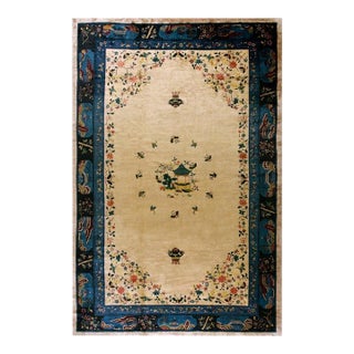 1920s Antique Beige Open Field Medallion Scene Pictoral Large Chinese Peking Rug For Sale