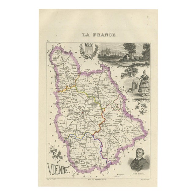 Antique Map of Vienne, Poitiers and Cardinal Jean Balue, 1860 For Sale