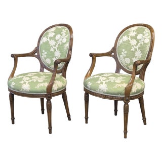 Vintage French Louis XVI Style Armchairs With Green and Cream Upholstery - A Pair For Sale