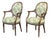Vintage French Louis XVI Style Armchairs With Green and Cream Upholstery - A Pair For Sale
