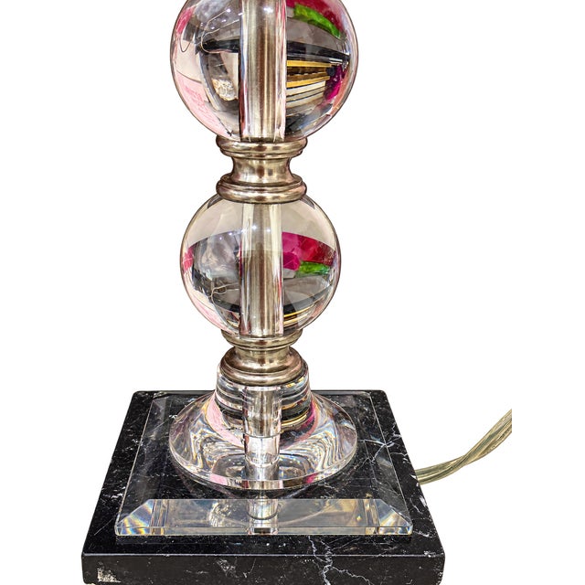 Late 20th Century Late 20th Century Crystal Orb Table Lamp With Black Pleated Shade and Black Marble Base For Sale - Image 5 of 8