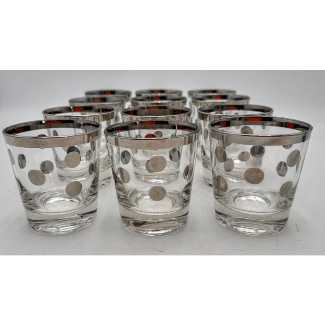 1950s 12 Hollywood Regency Silver Overlay Old Fashioned Glasses, Atomic Dot Barware For Sale - Image 4 of 12