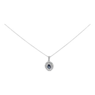 14K White Gold Oval Blue Sapphire and 3/4 Cttw Diamond Halo Pendant Necklace For Sale