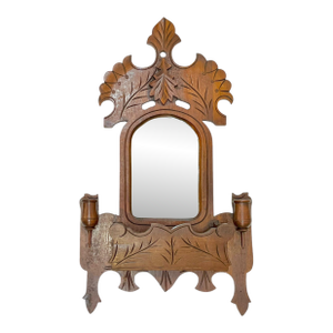 Antique Folk Art Carved Wood Mirror With Candleholders and Pocket