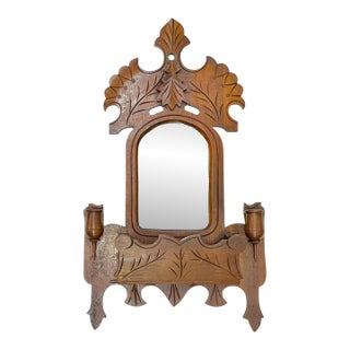 Antique Tramp Art Carved Wood Mirror With Candleholders and Pocket For Sale