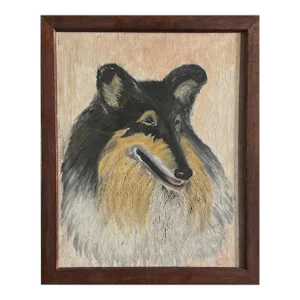 Vintage Outsider/Folk Art Collie Dog Portrait, Framed (C. 1955, Oil on Canvas)