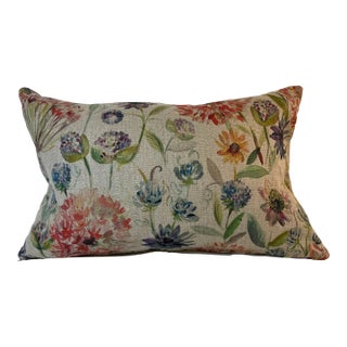 Large Bolster Pillow Decorated With a Delicate Water Color Look Floral Pattern of Rich Blues, Pinks and Yellows - Made in the U K For Sale