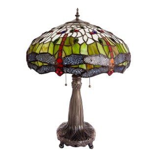 Vintage Tiffany Style Stained Glass Dragonfly Table Lamp For Sale