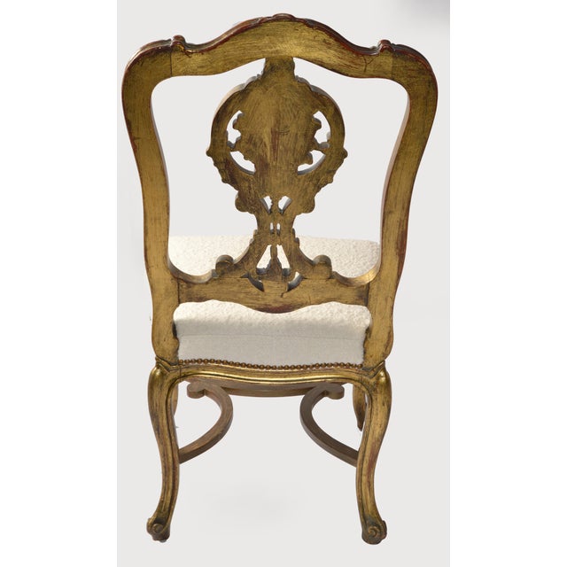 Mid 20th Century Hand-Carved Rococo Louis XV Giltwood Side Chair Bouclé Upholstery Cabriole Legs For Sale - Image 11 of 15