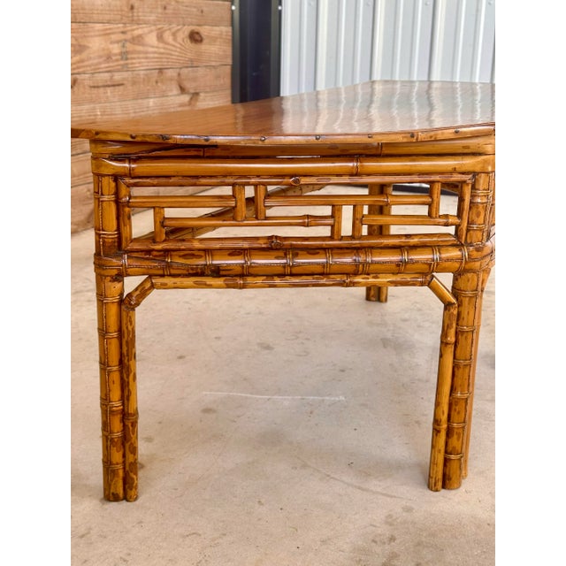Wood Vintage Bamboo Chinese Style Demi-Lune Center Table With Open Fretwork Design For Sale - Image 7 of 12