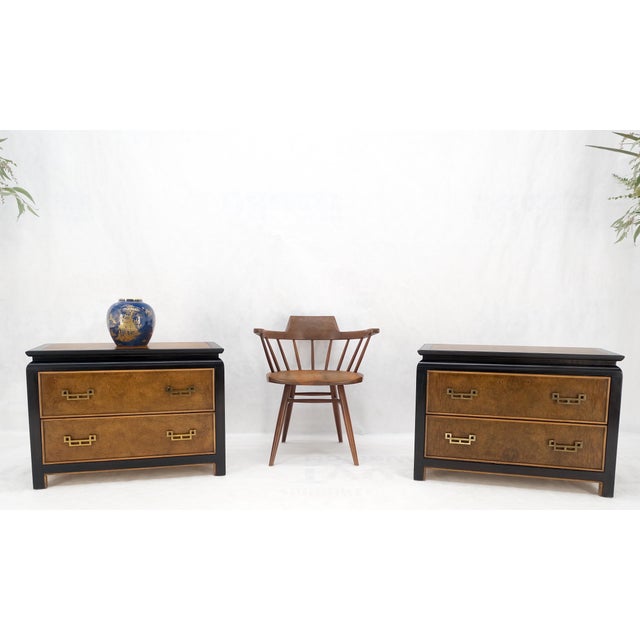 Pair Burl Wood Black Lacquer Solid Brass Drop Pull 2 Drawer Night Stands MINT! For Sale - Image 16 of 16