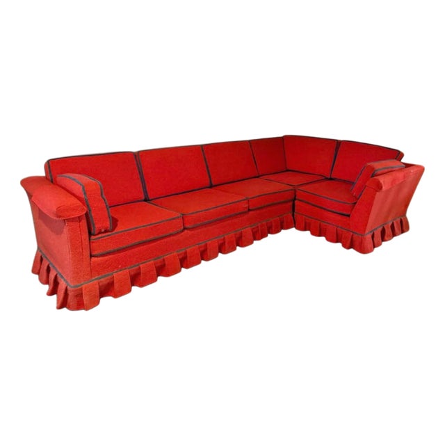 1970s Vintage Red With Blue Trim Truffled Petite Sectional Sofa For Sale