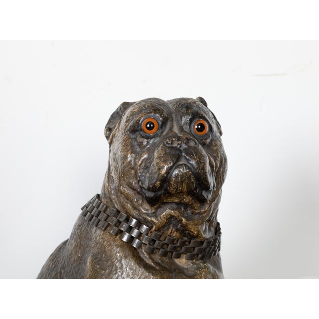 English 19th Century Terracotta Bulldog Statue with Silver Collar and Glass Eyes For Sale - Image 4 of 11
