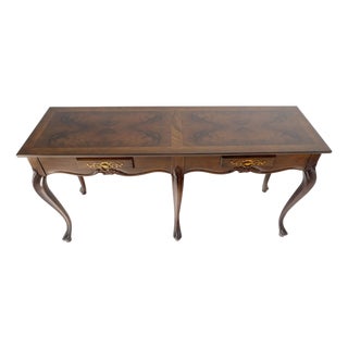 Baker 54" Long 6 Legged Burl Walnut 2 Drawers Cabriole Leg Console Sofa Table For Sale