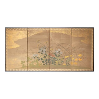 "Autumn Flowers" by Hideka, 24k Gold 1970s Showa Era Yamato-E Japanese Byobu Screen For Sale