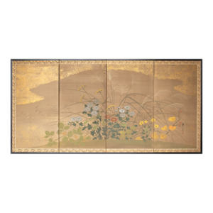 "Autumn Flowers" by Hideka, 24k Gold 1970s Showa Era Yamato-E Japanese Byobu Screen