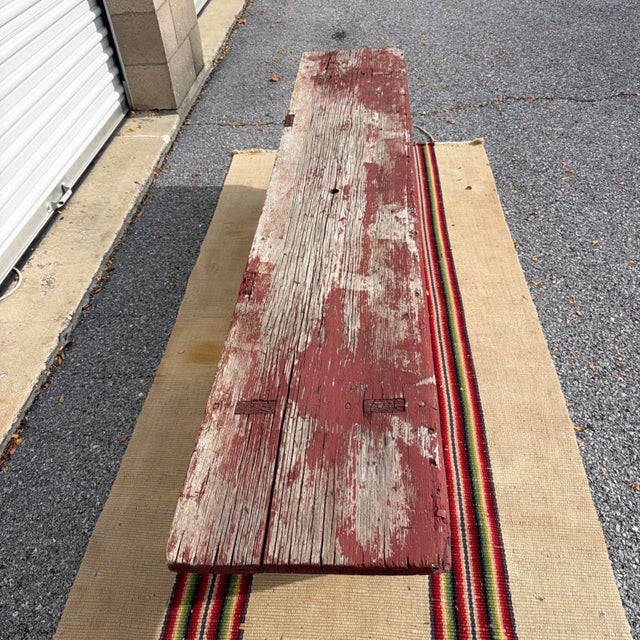 Antique Pennsylvania Mortised Bench in Old Red Paint, Lancaster County, Circa 1860s For Sale - Image 17 of 18