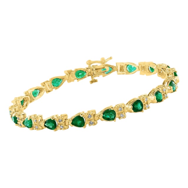9 Ct Natural 18 Oval Stone Emerald & Diamond 14 Kt Yellow Gold Bracelet For Sale