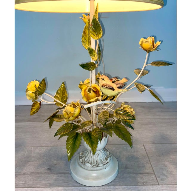 Vintage Tole Table Lamp With Yellow Roses and Birds For Sale - Image 4 of 8