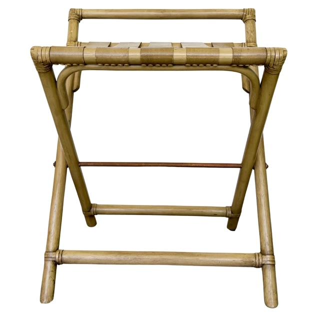 Vintage Mid-Century Faux Bamboo & Faux Leather Folding Luggage Rack For Sale - Image 12 of 13