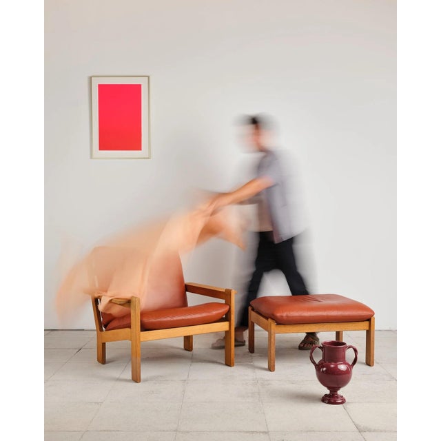 Wood Brutalist Lounge Chair with Ottoman in Oak and Leather by Tage Poulsen, Denmark, 1960s, Set of 2 For Sale - Image 7 of 18