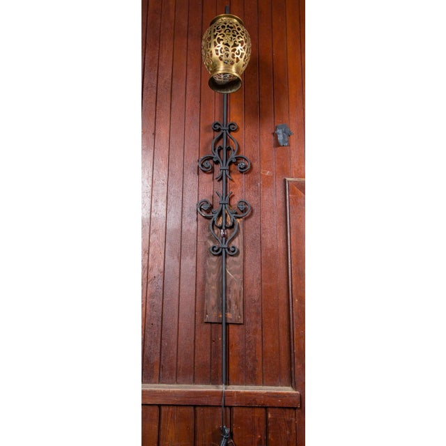 Metal Tall Wrought Iron Wall Sconces With Hanging Brass Moroccan Lanterns - a Pair For Sale - Image 7 of 11