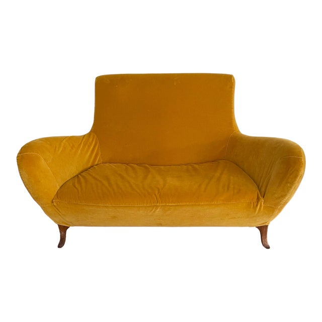 Vintage Mid Century Modern Yellow Velvet Loveseat Chair For Sale