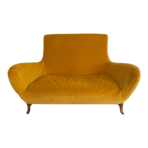 Vintage Mid Century Modern Yellow Velvet Loveseat Chair