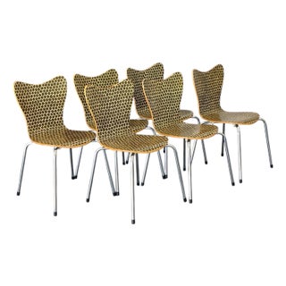 Scoop Back Dining Chairs in Beehive Pattern, Set of Six, West Elm, Modern, Plywood, Chrome For Sale