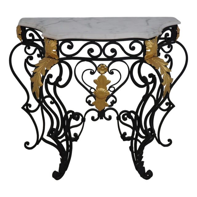 Wrought Iron Marble Top Console Foyer Table For Sale
