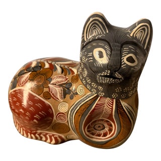 Tonalá Large Handmade Recumbent Feline With Intricate Designs For Sale