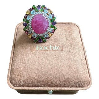 Bochic "Orient" Vintage Natural Ruby & Multi Gem Ring Set In 18K Gold & Silver For Sale