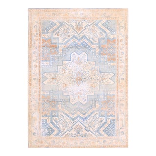 1920s Soft Blue Ivory Tan Antique Indian Agra Cotton Rug 4'3" X 6' Geometric Carpet For Sale