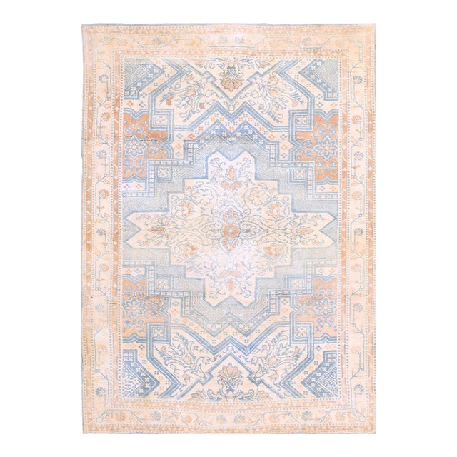 1920s Soft Blue Ivory Tan Antique Indian Agra Cotton Rug 4'3" X 6' Geometric Carpet For Sale