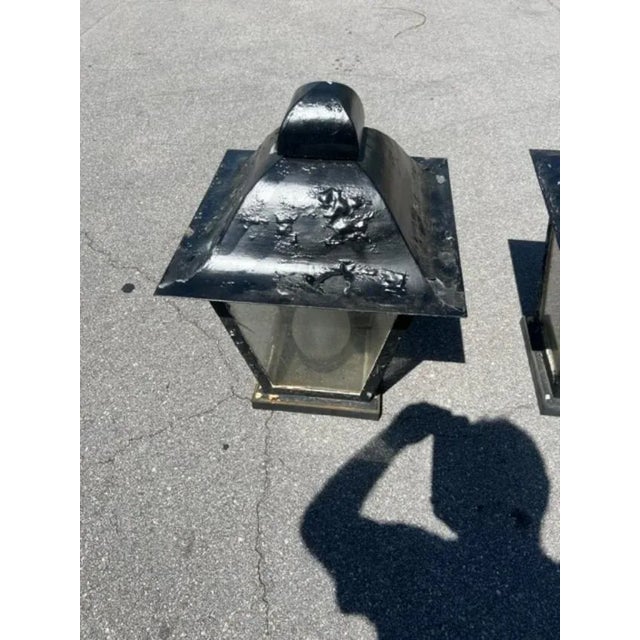 These are a very nice pair of antique, 19th-century galvanized tin metal outdoor lantern in the traditional carriage light...