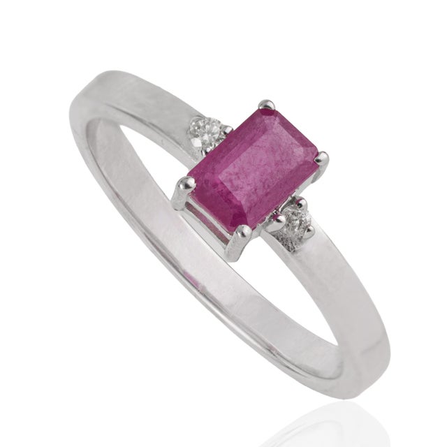 Contemporary Dainty 0.69 Ct Octagon Ruby & Diamond Three Stone Ring in 925 Sterling Silver Size 6 For Sale - Image 3 of 14