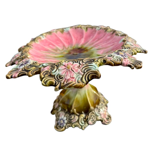 Art Nouveau Antique European Majolica Compote For Sale - Image 3 of 11