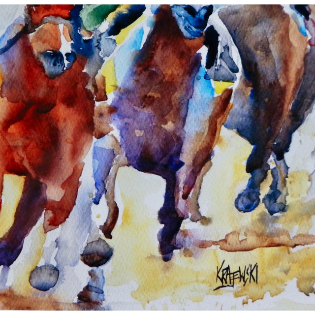 Glass Outsider Folk Art Horse Racing Watercolor by Ron Krajewski For Sale - Image 7 of 9