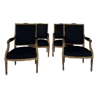 Set of Four Louis XVI–Style Giltwood Armchairs, France, Late 19th Century For Sale