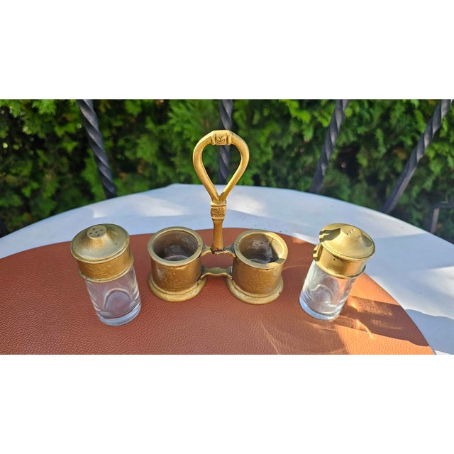 Vintage Brass Salt and Pepper Set with Glass Inserts, 1920s, Set of 5 For Sale - Image 6 of 11