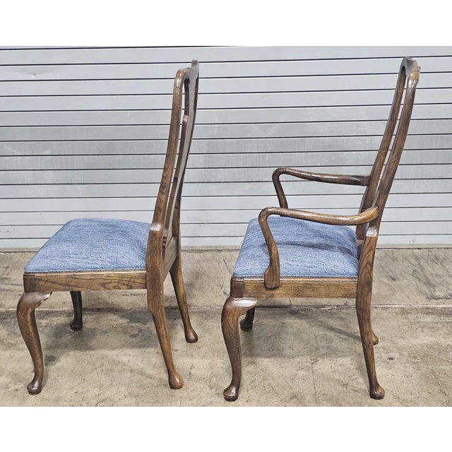 Late 20th Century Set of 8 Baker Furniture Solid Oak Queen Anne Style Dining Room Chairs For Sale - Image 13 of 14