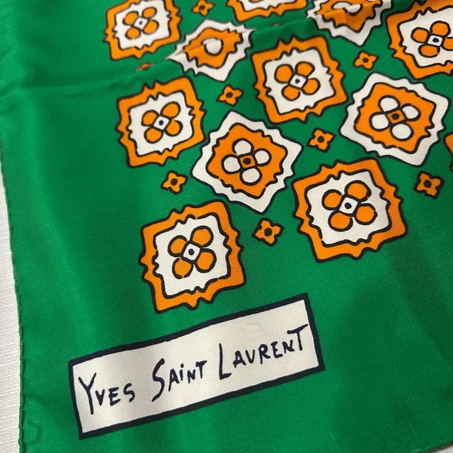 Green 1990s Vintage Fashion Silk Carré Scarf by Yves Saint Laurent For Sale - Image 8 of 10