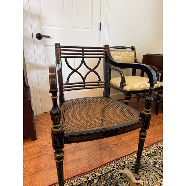 Baker Historic Charleston Decorated Ebonized Wood and Cane Arm Chair For Sale - Image 9 of 9