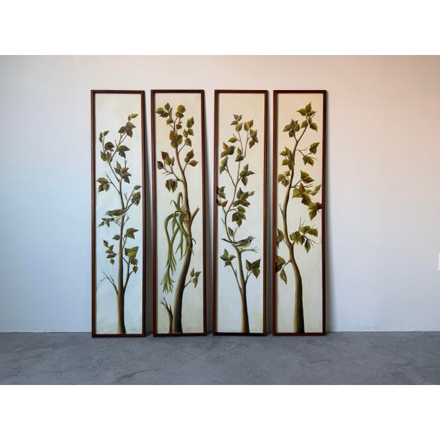 Striking set of four vintage oil on canvas paintings by artist Heon, dating to the 1970s. Each tall panel features...