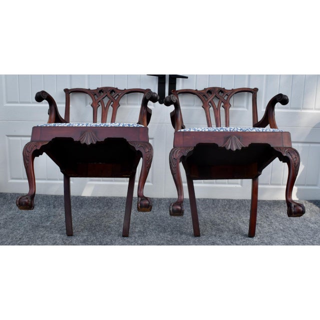 Antique Pair Mahogany Armchairs Chippendale Style Carved Ball Claw Foot Dining For Sale - Image 15 of 18
