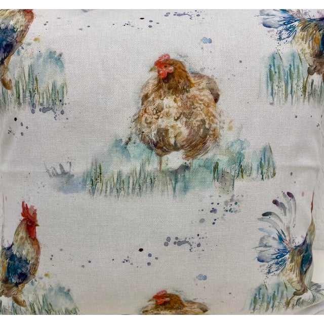 Early 21st Century 16" Square Pillow Adorned With a Chicken & Rooster Pattern - Made in Uk. For Sale - Image 5 of 12