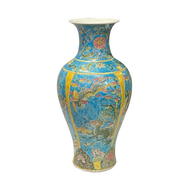 Chinoiserie Chinese Porcelain Blue Base Fengshui Animals Graphic Decor Vase For Sale - Image 3 of 11